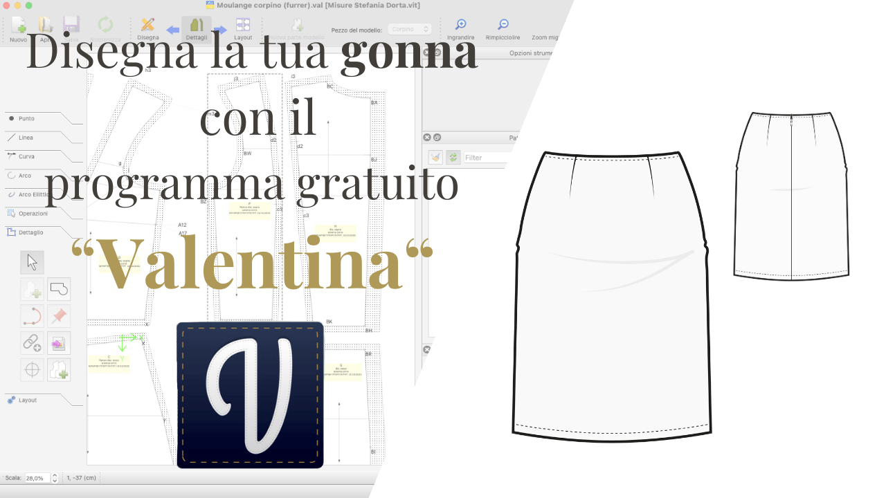 copertina corso " disegna la tua gonna con il programma gratuito Valentina"con gonna dietro e davanti