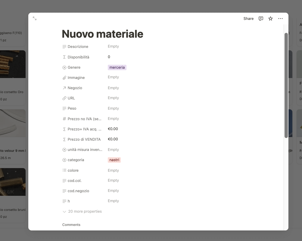 Screen notion sezione "materiali"