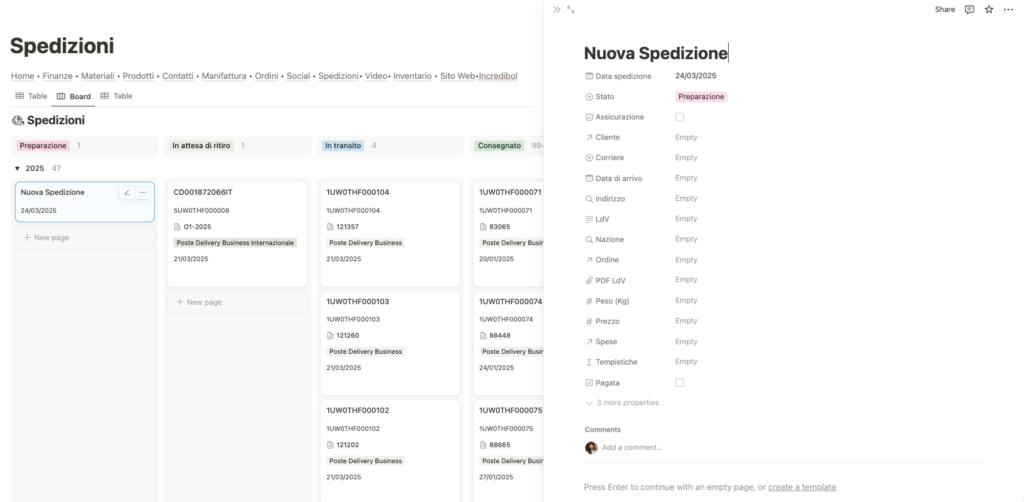 Screen Notion sezione "Spedizioni"